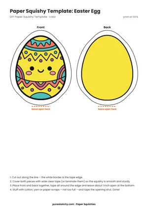 Smiling Easter egg with zigzag stripes and little flowers as a paper squishy template