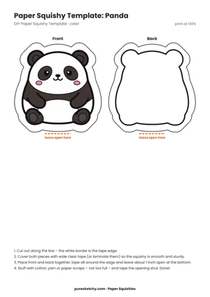 Colorful panda paper squishy with white face, black eye patches, round ears and a piece of bamboo