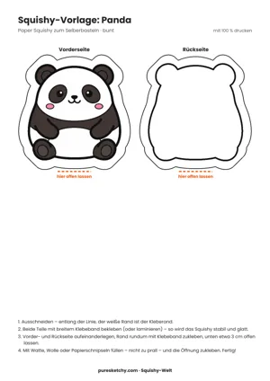 Bunter Panda-Squishy mit weißem Gesicht, schwarzen Augenflecken, runden Ohren und einem Bambusstück