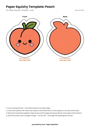 Round orange-pink peach with a green leaf, big eyes and a gentle smile as a paper squishy