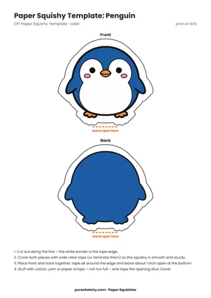 Colorful penguin paper squishy with black back, white belly, orange beak and small flippers