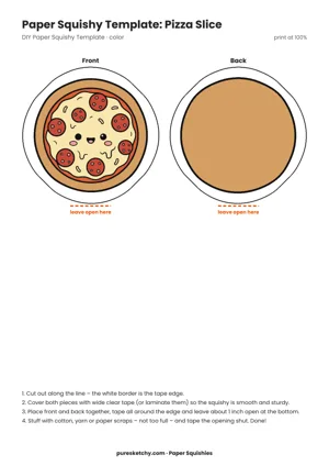 Triangle pizza slice with golden crust, melted cheese, pepperoni and a smiling face as a paper squishy