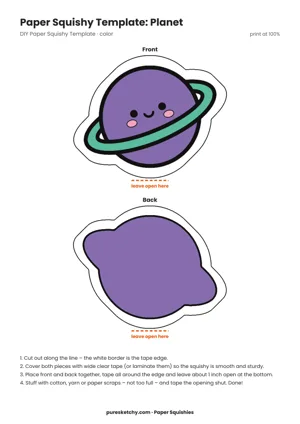 Colorful purple and pink planet paper squishy with a yellow ring, craters, little stars and a friendly face