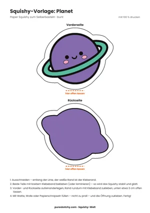 Bunter Planeten-Squishy in Lila und Rosa mit gelbem Ring, Kratern, Sternchen und freundlichem Gesicht