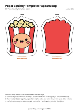 Red and white striped popcorn bag with fluffy yellow popcorn on top and a laughing face as a paper squishy