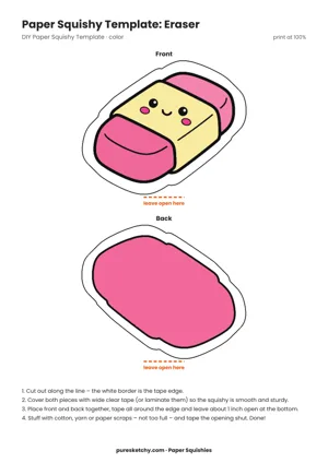Pink eraser with a blue paper sleeve and a cheerful face as a paper squishy template
