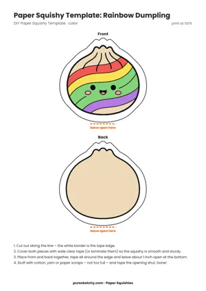 Paper squishy dumpling with bright rainbow stripes, a pleated edge and a cheerful face