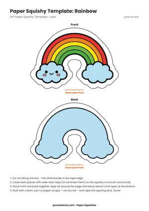 Colorful rainbow paper squishy with red, yellow, green and blue arcs, white clouds at the ends and a smiling face