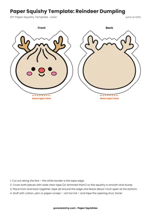 Brown paper squishy dumpling with little antlers, a red button nose and a cheerful face
