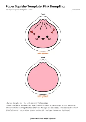 Pink paper squishy dumpling with tiny hearts, a pleated edge and a smiling face