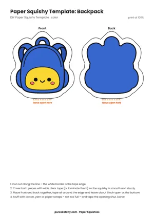Blue backpack with a zipper pocket, straps and a smiling face as a paper squishy template