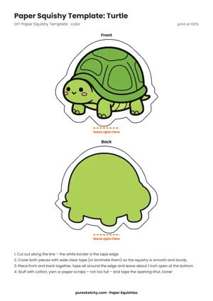 Colorful turtle paper squishy with green head, patterned brown and green shell, four short legs and a smile