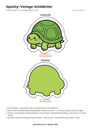 Bunter Schildkröten-Squishy mit grünem Kopf, gemustertem braungrünem Panzer, vier kurzen Beinen und Lächeln