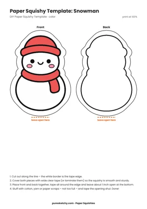 Cheerful snowman with a carrot nose, scarf and top hat as a paper squishy template