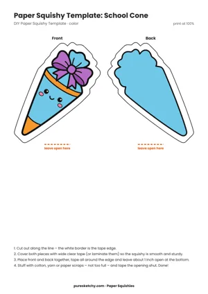 Colorful school cone with stars, a bow and a smiling face as a paper squishy template