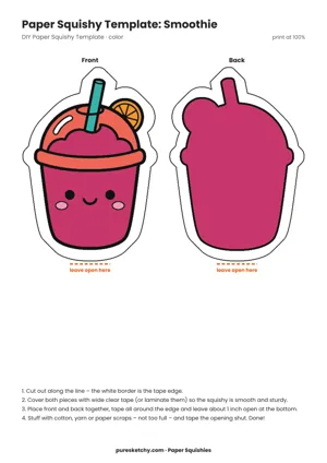 Clear cup of pink smoothie with berries, banana and a straw plus a friendly face as a paper squishy
