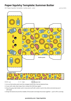 Sunny yellow paper butter pack with a face, little suns, watermelon slices and popsicles