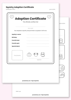 Decorated adoption certificate with spaces for name, birthday, favorite food and signature