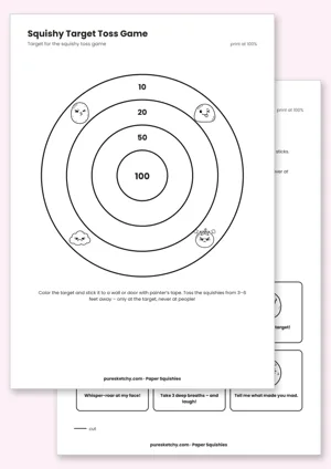 Colorful target with point values, a score sheet and let-it-out cards for the squishy toss game
