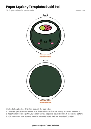 Paper squishy sushi roll with a visible filling, rice and nori rim, and a cute face