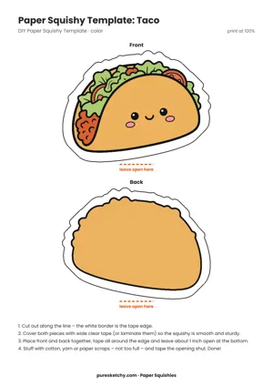 Half-moon taco with a yellow shell, green lettuce, red tomato and a smiling face as a paper squishy