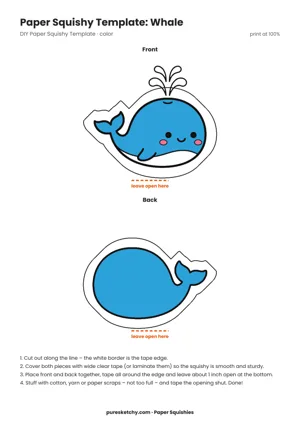 Colorful whale paper squishy with blue body, light belly, water spout, tail fin and a friendly eye