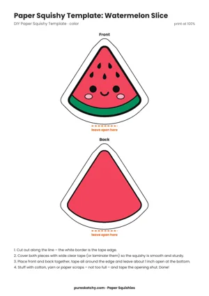 Watermelon slice with green rind, red flesh, black seeds and a laughing face