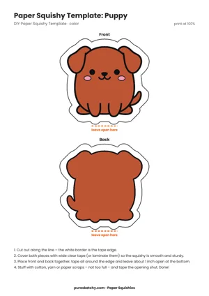 Colorful puppy paper squishy with brown floppy ears, big eyes, black nose and a pink tongue