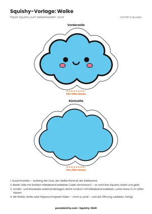 Bunter Wolken-Squishy in Hellblau und Weiß mit geschlossenen Augen, rosa Bäckchen und sanftem Lächeln