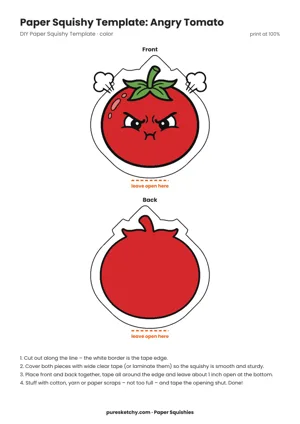 Bright red tomato with a green stem, furrowed eyebrows and a grimacing angry mouth