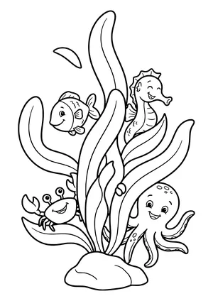 Algae landscape with hidden animals Coloring Page