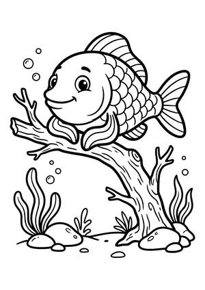 Fish balancing on a branch at the bottom Coloring Page