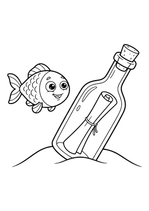 Fish discovering a message in a bottle Coloring Page