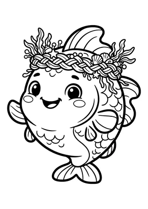 Fish wearing a crown of seaweed Coloring Page