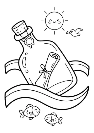 Message in a bottle drifting in the water Coloring Page