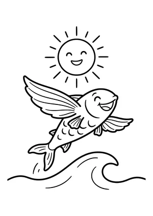 Flying fish leaping over the waves Coloring Page
