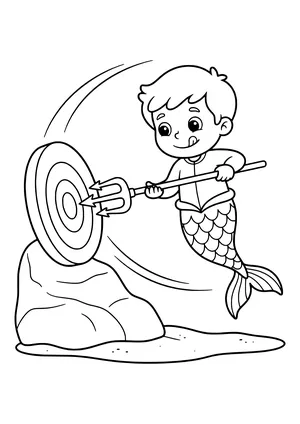 Young merman practicing with a trident Coloring Page
