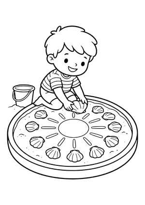 Kid building a shell mosaic Coloring Page