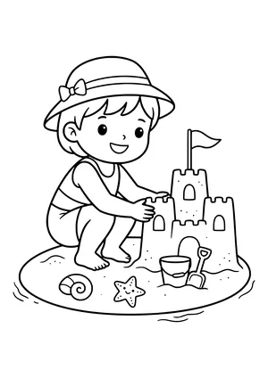 Kid building a sandcastle on the beach Coloring Page