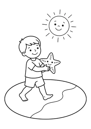 Kid rescuing a stranded starfish Coloring Page