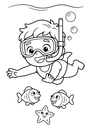 Kid snorkeling for the first time Coloring Page