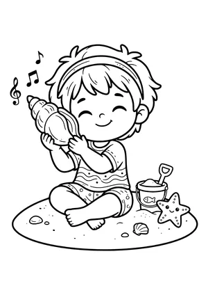 Kid playing on the beach with a shell Coloring Page