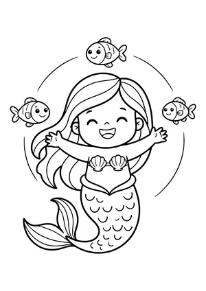 Little water nixie playing with fish Coloring Page