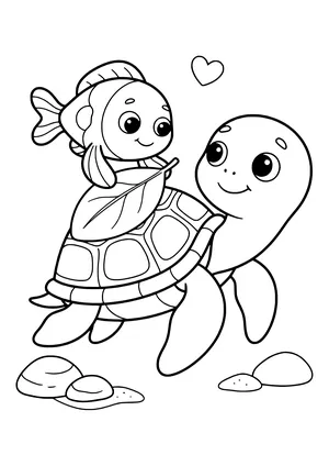 Little fish helping an injured turtle Coloring Page