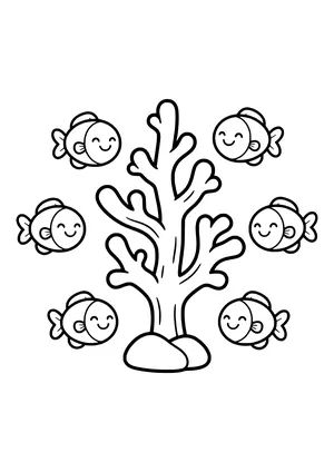 Coral branch with a small school of fish Coloring Page