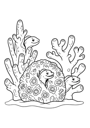 Coral reef with hidden moray eels Coloring Page