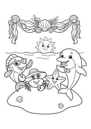 Sea creatures celebrating a summer festival Coloring Page