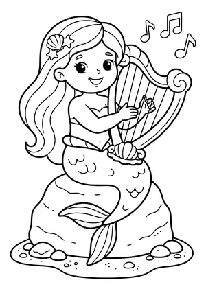 Mermaid playing a harp made of shells Coloring Page
