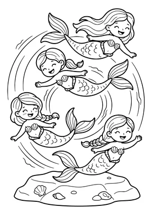 School of mermaids playing tag Coloring Page