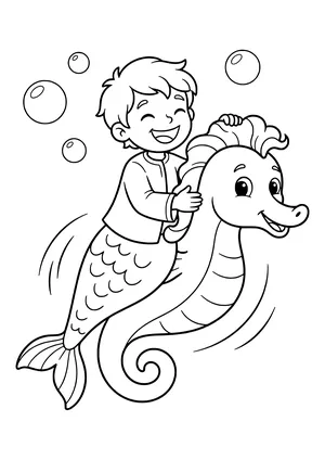 Merman riding a seahorse Coloring Page